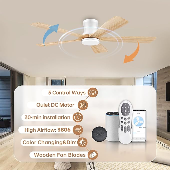 GentleBreeze 52In Wood Smart Low Profile Ceiling Fans with Lights Remote,Control via WIFI Alexa Google App,6 Speed,Quiet DC Motor,Flush Mount Outdoor Indoor Ceiling Fan for Modern Bedroom Patio Porch