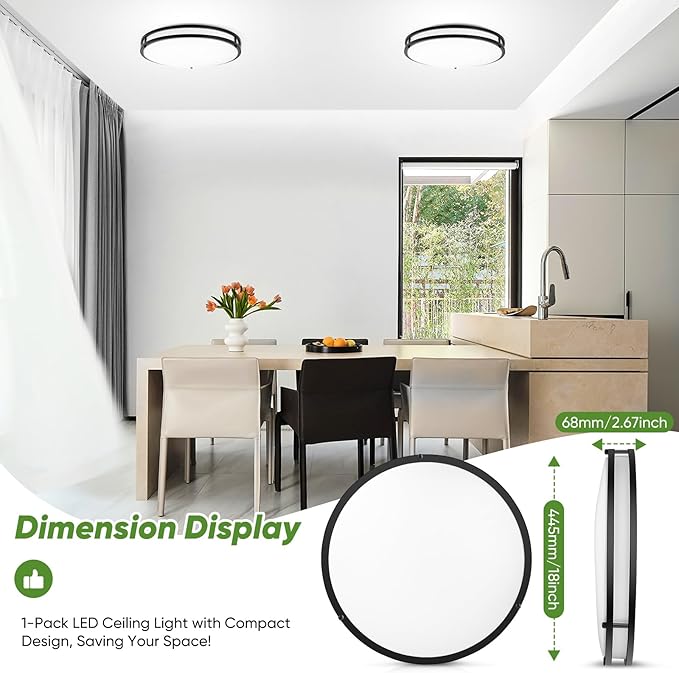 18inch LED Flush Mount Ceiling Light, 50W 5600lm Bright Dimmable LED Ceiling Light Fixture, 2700K-6500K Adjusted, Modern Kitchen Light Fixture Ceiling for Living Room Bedroom, Matte Black, 1-Pack