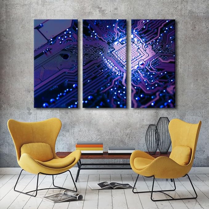 3 Pieces Canvas Wall Art Motherboard Digital Chip Computer Processors CPU Poster Wall Art Bathroom Artwork Decor Circuit Board Print on Canvas Stretched and Framed Ready to Hang (28" Wx42 H)