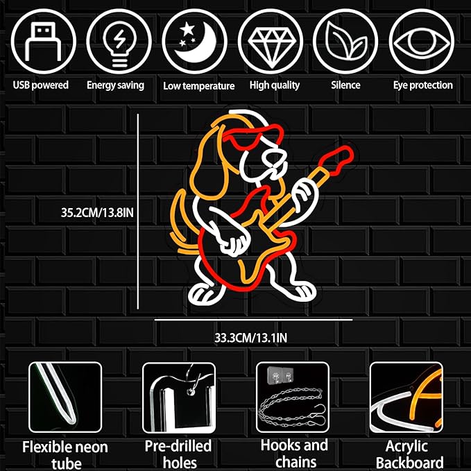 Dachshund Guitar Neon Sign for Wall Decor, Guitar Dog Neon Light, Dimmable Animal Music LED Light Up Sign for Bedroom,Living Room, Store,Party Decor