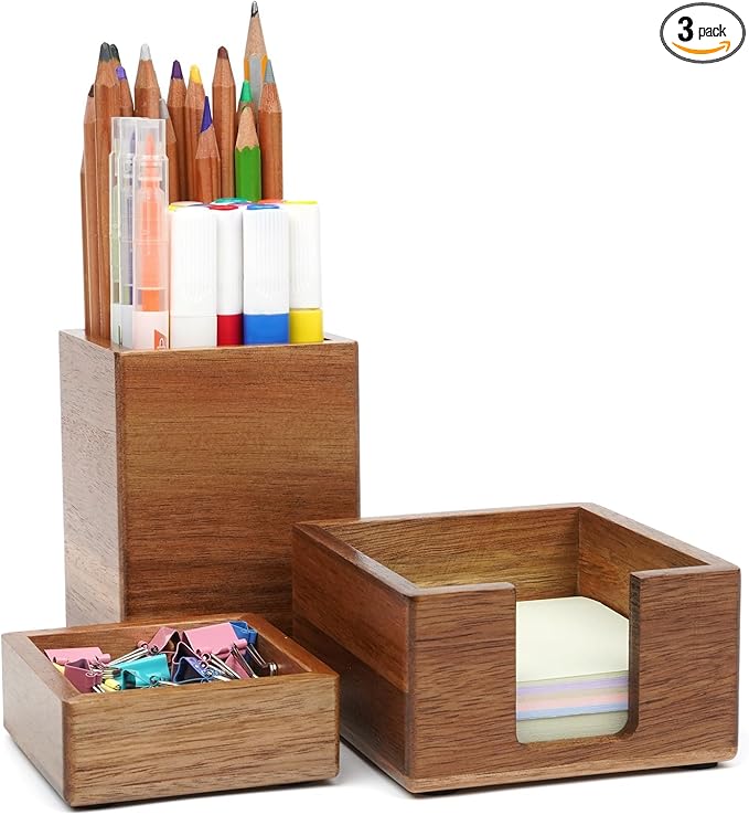 RAWILL 3 PCS Black Wooden Desk Organizer Set Pine Wood Office Desk Accessories with Pen Holder, Paperclip Storage and Sticky Note Holder, Wood Grain Clear, Ideal Gift for Office and Family