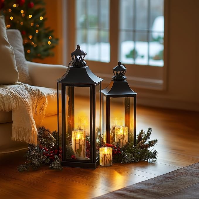 Homemory Christmas Flickering Flameless Candles with Remote Timer, Gold Deer Battery Operated Candles, Glass Real Wax LED Pillar Candles for Home Holiday Decor, Set of 3