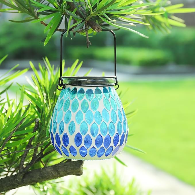 Afirst Mosaic Solar Lanterns - Glass Hanging Lights Hollow Out Waterproof Decorative for Garden, Patio, Holiday Party Outdoor Decoration, Blue-C, 5009420