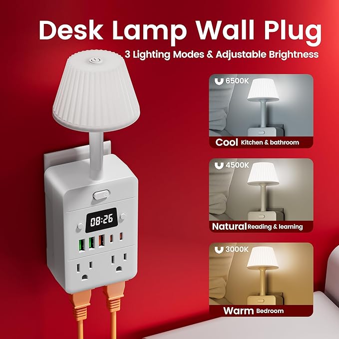 Bedside Power Strip with Lamp & Digital Clock, 4 Outlets 5 USB Ports (2 USBC), 3-Color Temperature Dimmable Bedside Nightstand Light, Multi Plug Outlet Extender for Bedroom Home Office, Coffee Counter