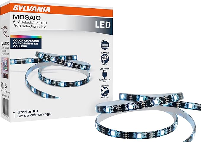 Sylvania 6.6ft Mosaic USB RGB Flexible Light Strip Starter Kit, 16 Dimmable Colors with RF Remote Control, Black - 1 Pack (75779)
