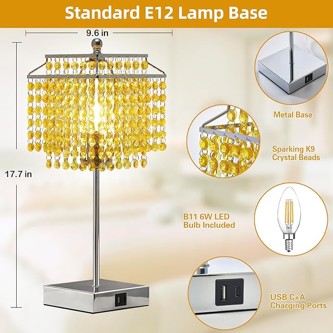 Luvkczc Crystal Table Lamp with Touch Control, Bedside Crystal Table Lamp with USB C+A Ports, Dimmable Lamp for Girls Bedroom, Living Room, Light Yellow & B11 LED Bulb Included