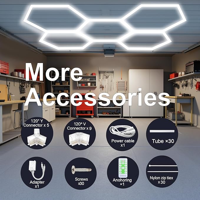 Garage Hexagon Lights, 60W 24V 6500K Higher Brightness Hex Garage Lights, Plug and Play, Lightweight DIY Assembly Hexagonal Light for Car Detailing Auto Beauty Shop Decor（with Remote Control）