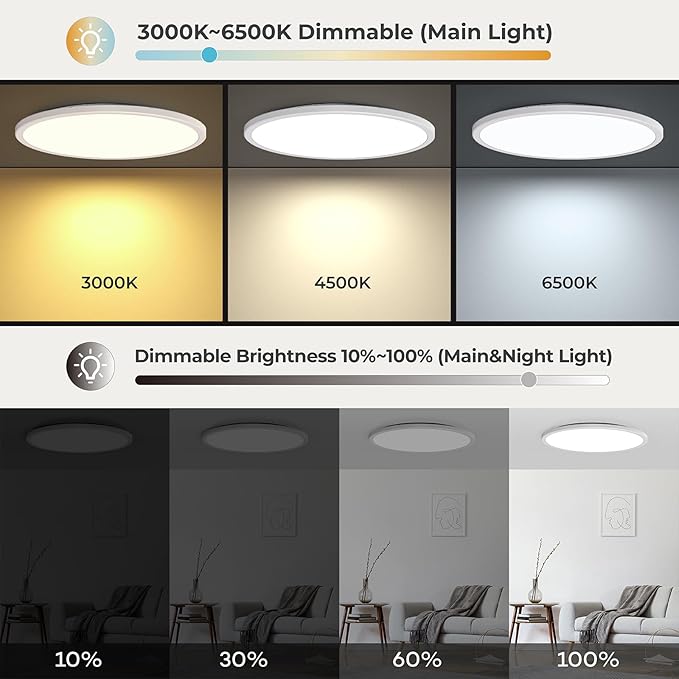 Matane 15.4in LED Flush Mount Ceiling Light Fixture with Remote, 2000K Warm Nightlight, Dimmable 3000K-6500K Low Profile Ceiling Lights for Bedroom, Living Room, 3600LM, White