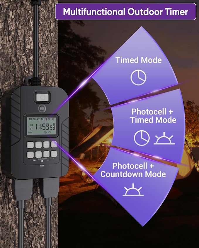 NEARPOW Outdoor Light Timer, Waterproof Digital Timer Outlet, Dusk to Dawn Countdown Timer Plug, 7 Day Programmable 24 Hours Electrical Timer, 2 Grounded Outside Timers for Christmas Lights, 15A 1/2HP