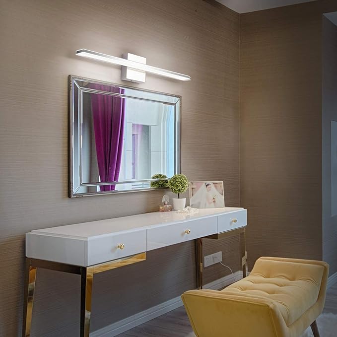 Chrome Bathroom Light Fixtures 24 Inch Bath Wall Lighting IP44 14W Vanity Lamp Bar Modern LED Lights for Vanity Rectangle Bathroom Lamps Over Mirror Acrylic Restroom Sink Light