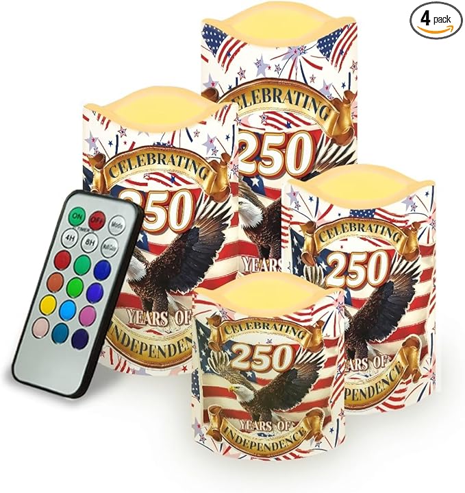Independence Day Flameless LED Candles Patriotic Floral Design Warm Lamp America 250th Battery Operated Flickering Timer Candle Aesthetic Cozy Minimalist Home Decor, 4 Pack