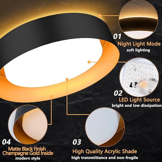 Bargeni Flush Mount Ceiling Light with Remote,Matte Black with Gold Inside,24W/2700K-6000K/with Night Light Mode,12.5 inch LED Flush Mount Light for Bedroom,Living Room,Kitchen