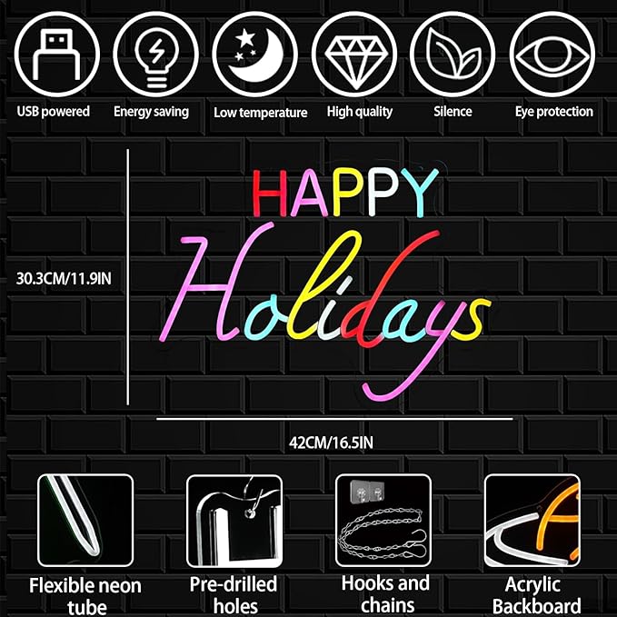 Happy Holidays Neon Sign for Wall Decor, Colorful Letter Neon Light, Dimmable Holiday LED Light Up Sign for New Year Party, Home Bar, Living Room, Wall Decorations