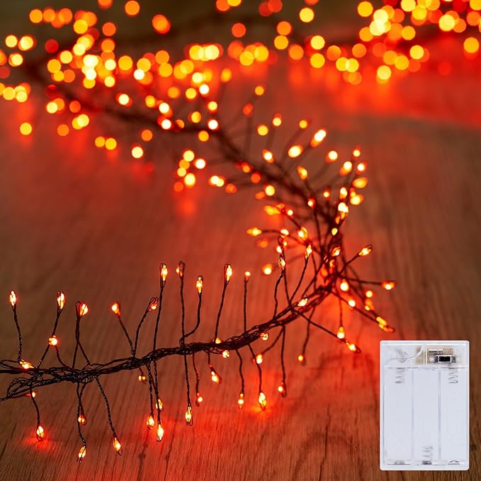 Halloween Fairy Lights Battery Operated, 10 Feet 120LEDs Firecracker String Lights Waterproof Silver Wire Starry Firefly Light for Bedroom Home Haunted House Indoor Outdoor Holiday Decorations, Orange