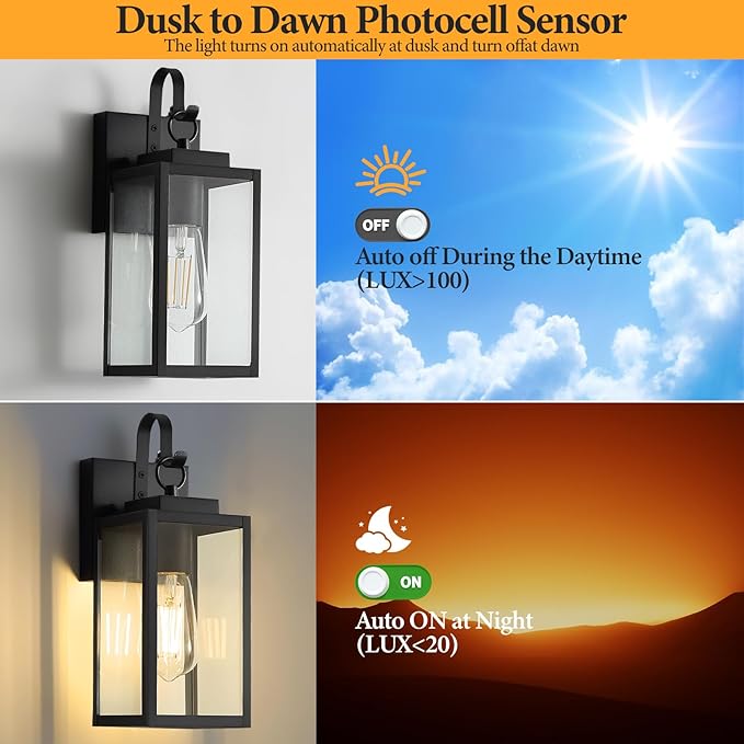 2 Pack 11.8-inch Dusk to Dawn Outdoor Wall Lights, Black Exterior Light Fixture with Clear Tempered Glass, IP65 Waterproof All-Metal Sconce for Porch, Front Door, Garage