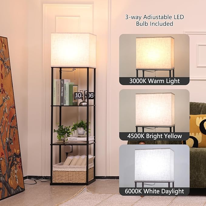 Floor Lamp with Shelves, Large Size Rectangle Standing Lamp with 3 Color Temperature Bulb, Corner Display Bookshelf Lamp for Living Room, Bedroom and Office (Black-9)