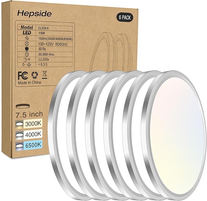 6PACK LED Flush Mount Ceiling Light, 3CCT Selectable 3000K-4000K-6500K & 100W Equivalent Modern Kitchen Recessed Ceiling Lamp 15W 1500Lm 7.5 Inch for Bathroom Closet Laundry Bedroom