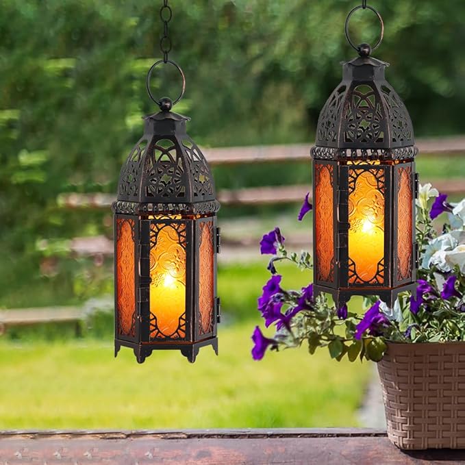 NEEDOMO Set of 2 Moroccan Lanterns Decorative Indoor & Outdoor, Hanging Candle Lantern, 11'' Vintage Candle Holder, Metal Lanterns Decorative, Table, Patio, Porch, Shelf, Gothic Home Decor (Amber)