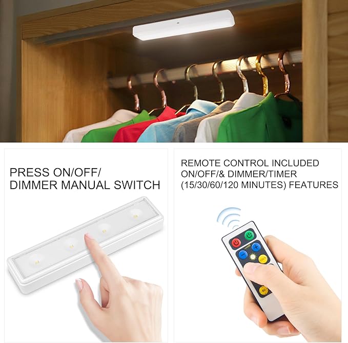 BIGMONAT Under Cabinet Lighting Wireless, Battery Operated Lights with Remote, 3000K Warm White Dimmable Push Light,80 Lumen Stick-On LED Lighting Bar for Shelf, Kitchen, Hallway, Pantry