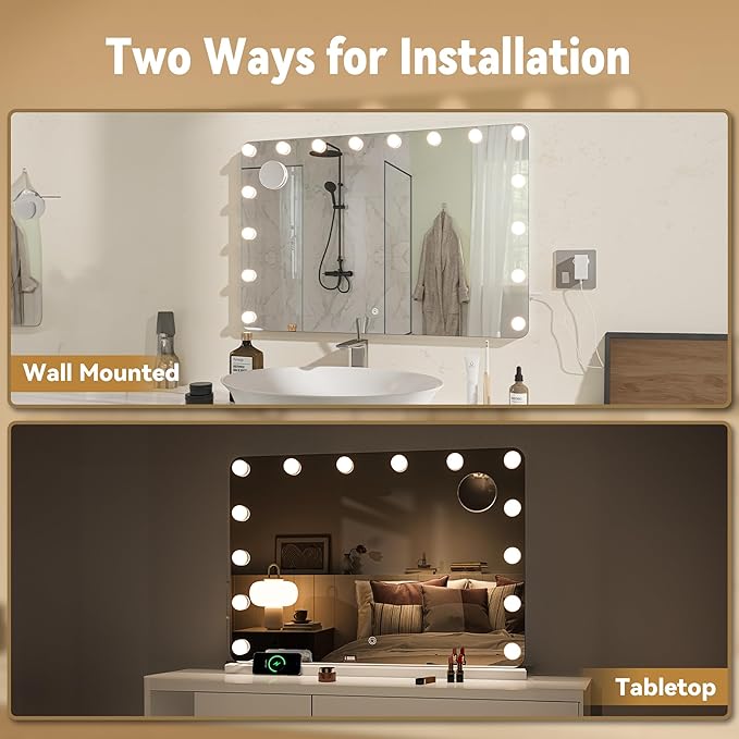 Hasipu Vanity Mirror with Lights 35" x 24", Makeup Mirror with Lights and Magnification, Hollywood Mirror with 3 Color Modes, LED Make up Mirror, Light up Mirror with USB & Type-C Charging
