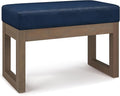 SIMPLIHOME Milltown Small Ottoman Bench - 27 inch Wide Upholstered Vegan Leather Rectangle Footstool Ottoman in Distressed Dark Blue, Contemporary Bench for Bedroom with Cushioned Seat, Assembled