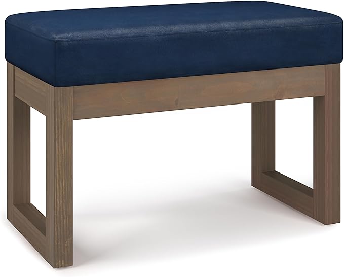 SIMPLIHOME Milltown Small Ottoman Bench - 27 inch Wide Upholstered Vegan Leather Rectangle Footstool Ottoman in Distressed Dark Blue, Contemporary Bench for Bedroom with Cushioned Seat, Assembled