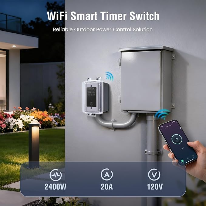 SURAIELEC 20A WiFi Smart Switch Timer, Heavy-Duty 120V 1HP Hardwired Outdoor Timer, App/Voice Remote On/Off Control, Programmable Schedules, Alexa Google Compatible, for Pool Pump Water Heater Lights