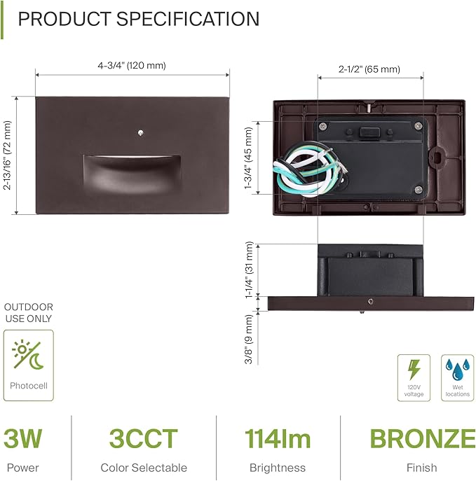 ASD LED Recessed Step Light Fixture, Dusk to Dawn Outdoor Stair Tread Lighting | 3CCT, Photocell, Waterproof, ETL Listed | 3W 120LM 3000K-5000K 120V | Staircase Hardwired Illumination | Dark Bronze
