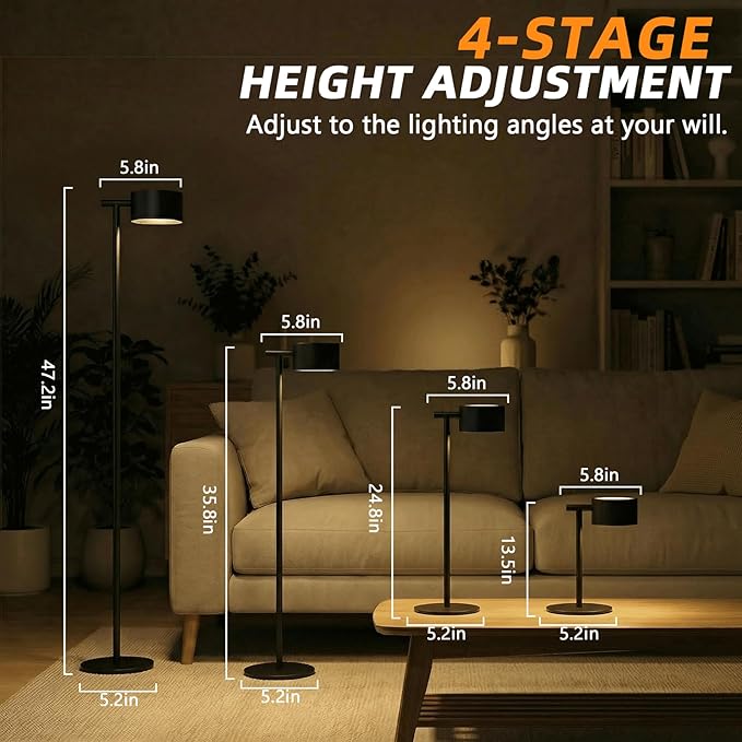 4-in-1 LED Floor Lamp with Detachable Magnetic Head - Adjustable Height Standing Lamp & Table Lamp, Portable Night Light for Bedroom, Reading, Nursing, Non-Disturbing Sleep Aid(Black)