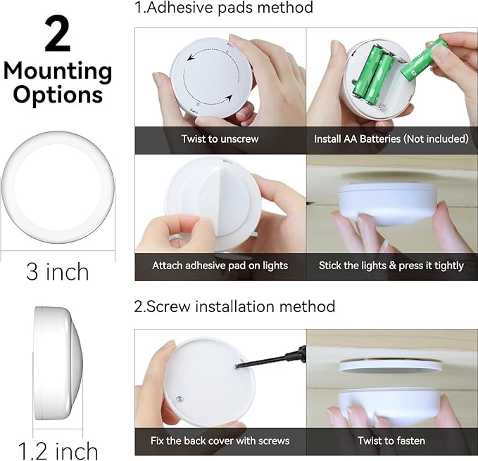 LED Puck Lights with Remote Control, Under Cabinet Lighting Stick on Tap/Push Lights, Battery Operated Closet Lights, Wireless Led Wall Light for Bedroom, Under Counter Light for Kitchen,2 Pack