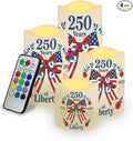 250 Years of Liberty Electric Flameless Candles Bow Flowers LED Battery Operated Remote 250th Anniversary Fourth of July Lamp Patriotic Decor for Home Patio Celebration Set of 4