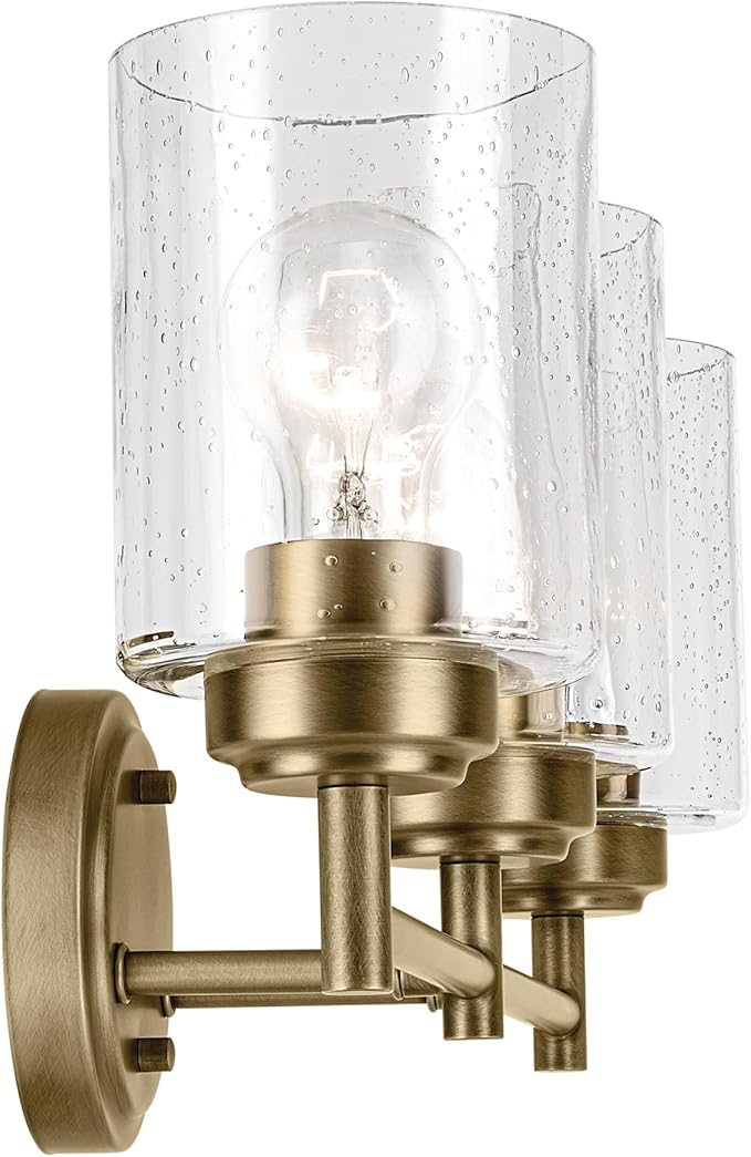 Kichler Winslow 21.5" 3-Light Vanity Light with Clear Seeded Glass in Natural Brass for Vanity, Luxe Industrial, (21.5" x 9.25"), 45886NBR
