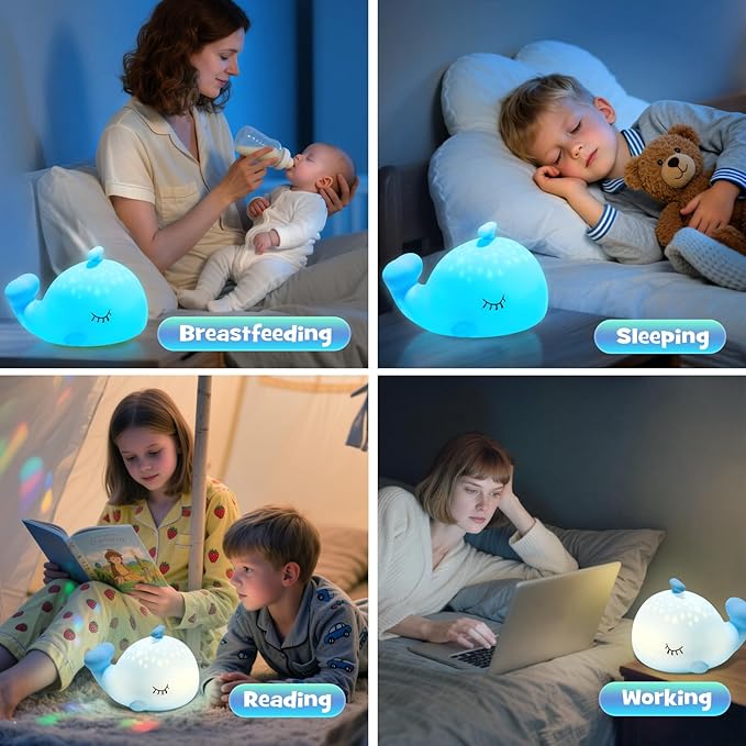 Whale Night Light Squishy Silicone Nursery Breastfeeding Nightlight with Timer 3-Level Warm White RGB Color Modes Cute Whale Lamp Rechargeable Touch Bedside Desk Sea Animal Lamp for Bedroom Dorm Decor