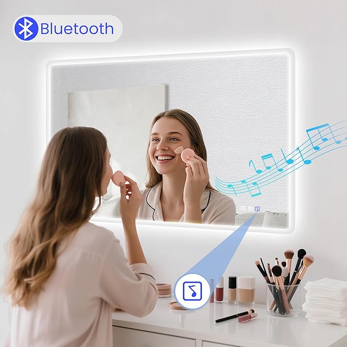 STARLEAD 24"x32" LED Bathroom Mirror with Bluetooth Speaker, 3 Color Temperature, Stepless Dimming, Anti-Fog, Touch Control, Wall-Mounted Vanity Mirror, Vertical or Horizontal