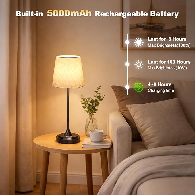 Cordless Table Lamp Rechargeable,5000mAh Battery Operated Desk Lamp,3 Colors & 7 RGB Stepless Dimmable,Touch Ambient Light for Bedside,Bedroom,Dining Room,Living Room,Black,FlaxenShade