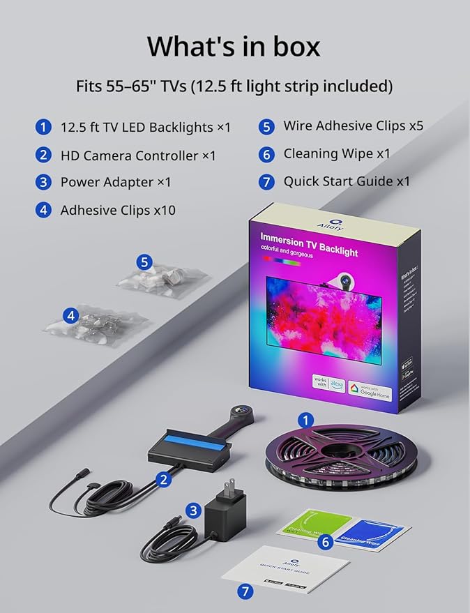 Ailofy TV Backlight with Camera, Color Changing 12.5ft LED Strip Lights Behind the Monitor, Full-Screen Sync to 55-65 inch TVs for Movie, Game&Music, Work with Alexa&Google Assistant, App Control