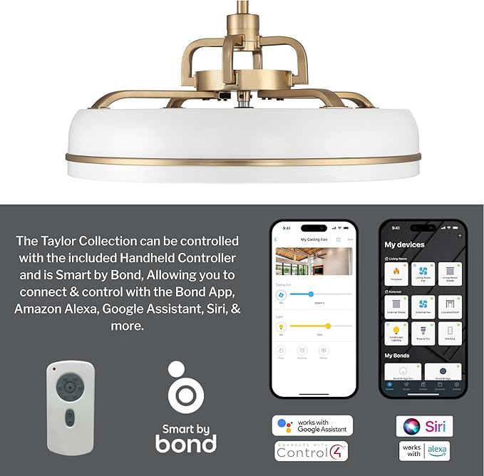 Craftmade Taylor 20" Dual Mount Indoor/Outdoor Flat Black Finish Ceiling Fan, LED Light Kit, Remote Control Included, Smart WiFi Enabled with Voice Activation (White/Satin Brass)