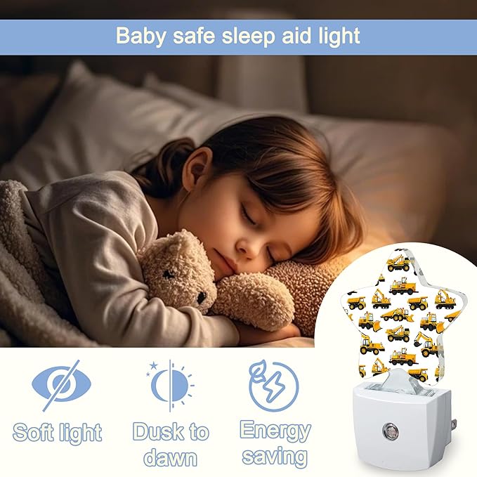 Yellow Cartoon Truck Dusk to Dawn Star Night Light,Construction Smart Sensor Nightlight for Bedroom Kitchen Hallway Stairs,Plug-in Energy Efficient Decor Desk Lamp Women Men Gifts