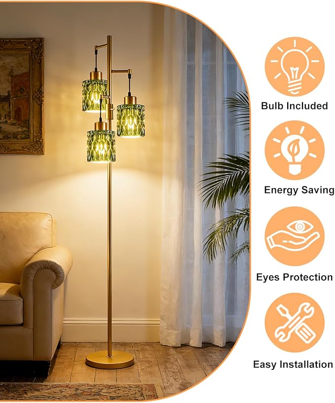 3-Light Floor Lamps for Living Room, Farmhouse Dimmable Gold Floor Lamp with Green Glass Shade& Bulbs Included, Mid Century Standing Tall Lamp for Bedroom/Sofa Beside/Corner
