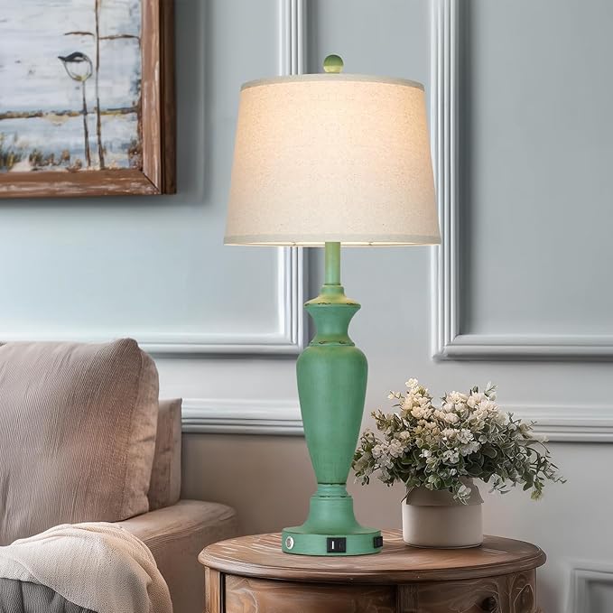 30" Tall Metal Table Lamps Set of 2, Touch Control Bedside Lamps for Bedroom Nightstand, 3-Way Dimmable Farmhouse Lamp for Living Room with Charging Ports, Retro Green (2 LED Bulbs Included)