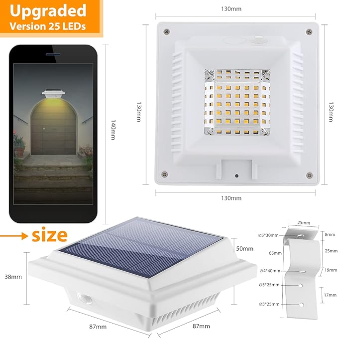 KEENZO Outdoor Solar Lights - Gutter Lights 6pcs, Solar-Powered LED Wall/Fence/Step/Deck Lights with 25 Warm White LED, Outdoor Waterproof Lighting for Garden, Patio, Backyard, Pathway and Eaves Wall