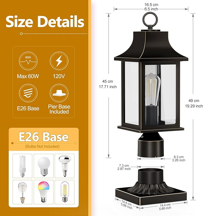 Dusk to Dawn Outdoor Post Light Hardwired 120V, 19.29" Oil Rubbed Bronze Lamp Post Light Fixture with Pier Mount Base, Waterproof Aluminum Pole Light for Yard, Patio, Garden, Pathway