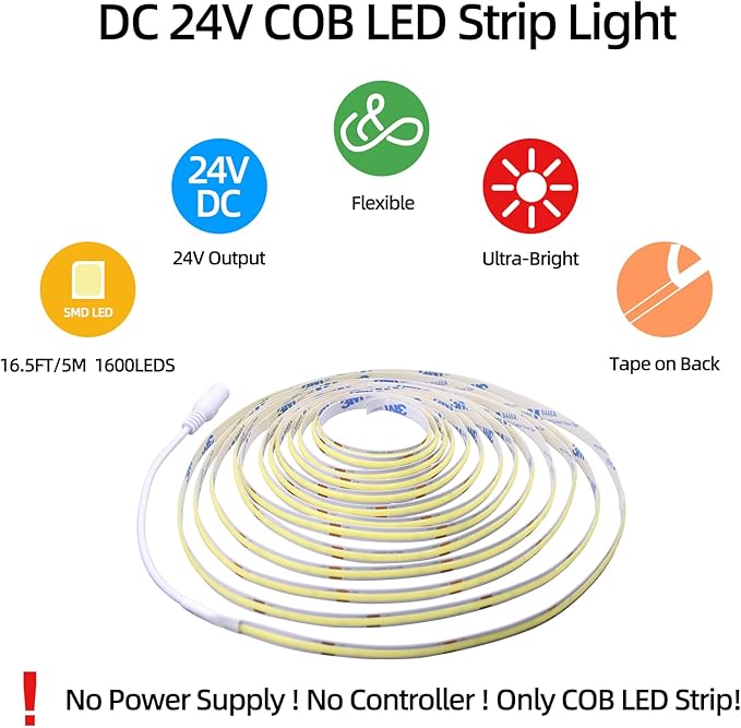 LED Strip Lights 24V Daylight White LED COB 6000K Super Bright LED16.4ft Dotless High Density 14W/m, 8mm Width Cuttable Flexible for Home DIY Commercial Lighting Projects 3 Pack (No Power Supply)