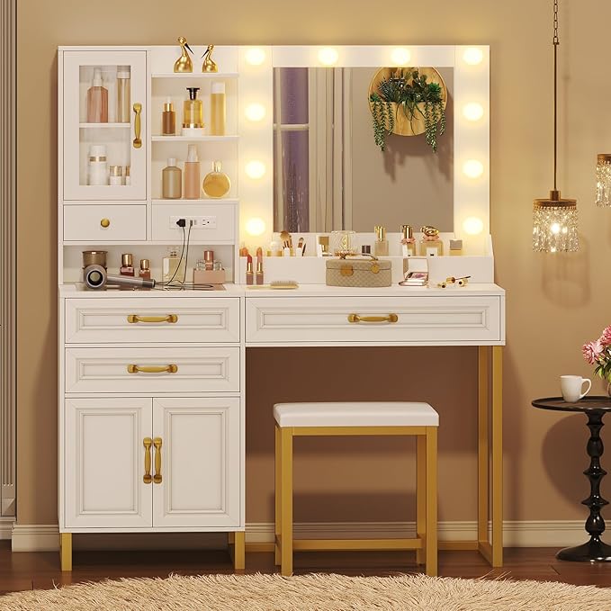BTHFST Makeup Vanity Desk with Mirror and Lights & Charging Station & Makeup Stool, Vanity Table Set with Glass Top Storage Drawer & Beach & 3 Shelves for Bedroom (Modern White & Gold)