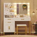 BTHFST Makeup Vanity Desk with Mirror and Lights & Charging Station & Makeup Stool, Vanity Table Set with Glass Top Storage Drawer & Beach & 3 Shelves for Bedroom (Modern White & Gold)