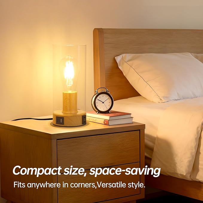 Bedside Table lamp for Bedroom -Touch Lamp with USB-A+C Charging Ports & AC Outlet. Nightstand Lamp with Wood Base Glass. Stepless Dimming Small Lamp for Bedroom, Dorm, Office, Kids Room, Living Room