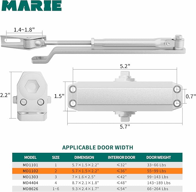 Marie Automatic Door Closer，Adjustable Closing Speed Door Closer for 55-100 lbs Residential and Commercial Light Doors，with Installation Video EN1154 Certification