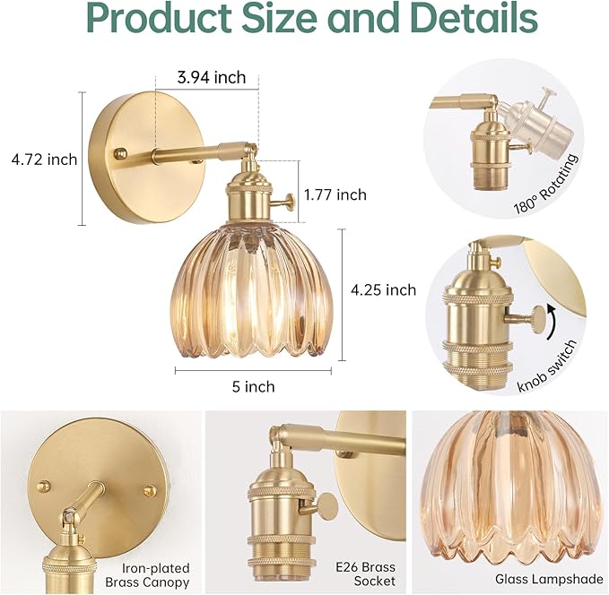 Vintage Wall Sconces with Amber Tulip Glass Lampshade 180 Degree Adjustable Brass Sconces Hradwired Modern Wall Lighting Fixture with Switch for Bedside Bedroom Doorway