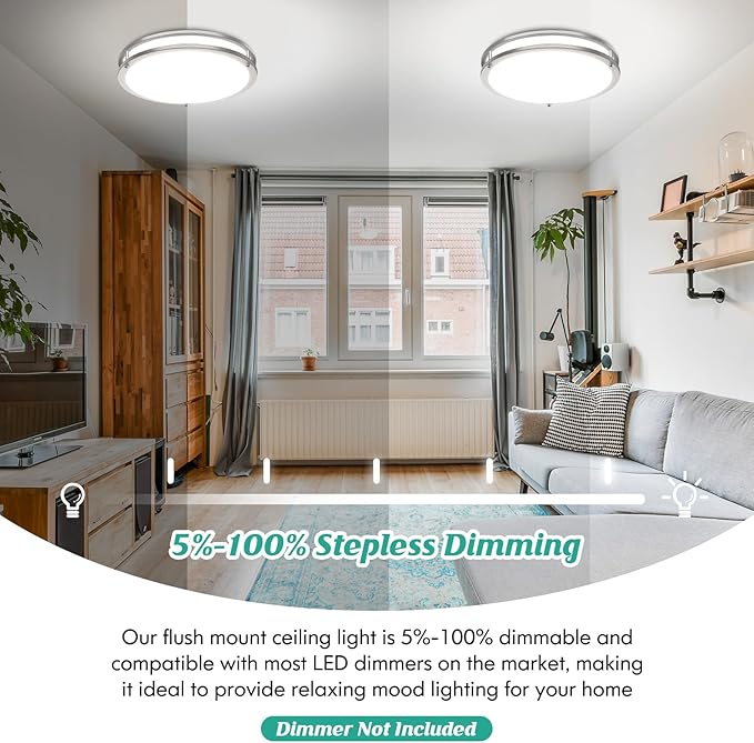 LED Flush Mount Ceiling Light Fixture, Dimmable 5CCT Selectable 2700K Warm White-6500K Super Bright Daylight White, 18 Inch 50W 6000LM Round Brushed Nickle Ceiling Lamps for Living Room Kitchen, 1PACK