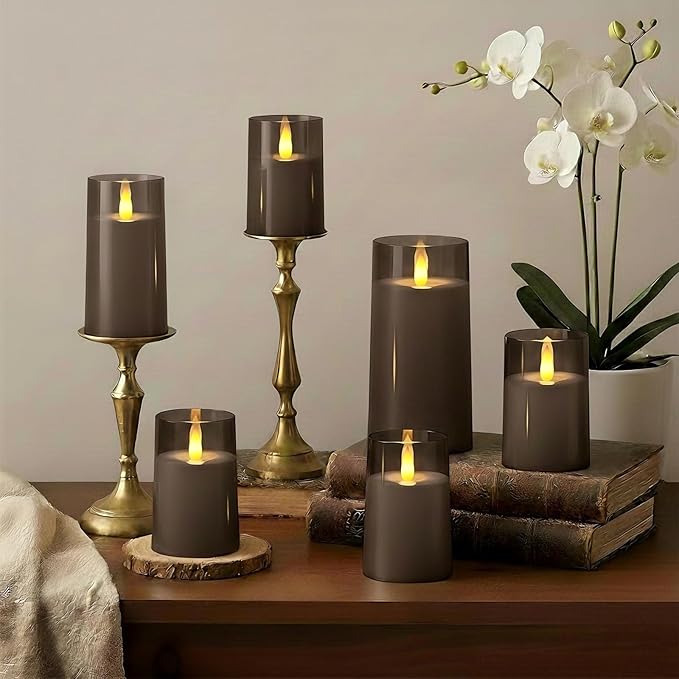 Raycare Christmas Flameless Electronic Pillar Candles with Remote Control and Timer- Battery Operated Realistic Flickering LED Fake Candle for Home, Wedding Decor,Grey,Set of 2(3"x6"6")